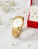 Relógio Feminino Champion Analógico CN25118W Dourado Fundo Branco Pulseira em Aço Inoxidável + Kit Colar e Brincos