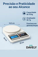 Balança Digital De Precisão Cozinha 0 A 10 Kg Profissional E Uso Domestico Nutricional Para Pesar Alimentos Ou Confeitaria Comida Cor Branco Marca Davely