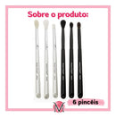 01 Kit de 6 pincéis para maquiagem Macrilan WB800 cor preto fosco e branco perolado