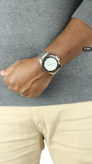 Relógio De Pulso Tecnet Relógio De Ponteiro Masculino Com Corpo Prateado, Para Masculino, Fundo Branco, Com Correia De Aço Inoxidável Cor Prateado, Bisel Cor Prateado E Pulseira