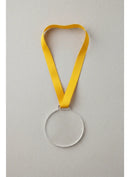 100 Medalhas Redonda 5cm Acrílico Cristal 2mm Fita Amarela