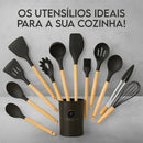 Jogo 12 Utensílios De Cozinha Em Silicone Preto Com Colheres Espátulas Resistentes Ao Calor Antiaderente Cabo Madeira Design Moderno Ponte Lar Utilidades