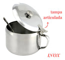 Açucareiro Inox Com Tampa Colher Pote Açucar 450ml Premium
