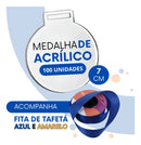 Medalha Acrílico Kit 100 Un - 7cm 2mm C/ Fita Azul & Amarela