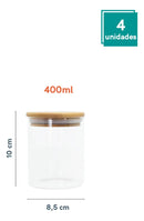 Conjunto De 4 Potes Herméticos De 400 Ml Com Tampa De Bambu