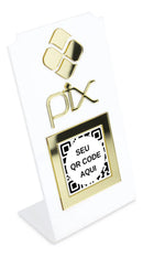 Arte Sedução Placa Pix Qr Code Display Vertical Para Pagamentos Acrílico Branco Cor Branco e Dourado 15x 8 cm