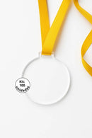 100 Medalhas Redonda 5cm Acrílico Cristal 2mm Fita Amarela