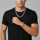 Cordão Masculina Grossa Conjunto + Pulseira Pr Prateado 60cm