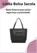 Bolsa De Ombro Grande Feminina Trabalho Passeio Linda Couro Cor Preto Desenho Do Tecido Liso
