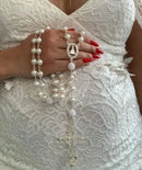 Terço De Noiva Banhado A Prata Perolas Brancas Aparecida Prateado