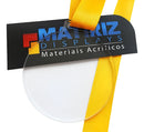 100 Medalhas Redonda 5cm Acrílico Cristal 2mm Fita Amarela