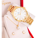 Relógio Feminino Champion Analógico CN25118W Dourado Fundo Branco Pulseira em Aço Inoxidável + Kit Colar e Brincos