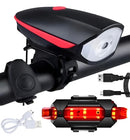 Kit Lanterna Farol Led Bike C/ Buzina Recarregá Preto/Vermelho