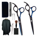 Kit Tesoura Barbeiro Fio Navalha E Desfiadeira + Acessórios Cor Preto E Azul