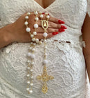 Terço De Noiva Banhado A Ouro Perolas Brancas Aparecida Dourado