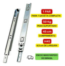 Par Corrediça Trilho Gaveta Reforçada Telescópica 50kg 45cm