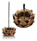Par De Incensário E Castiçal Flor Lotus Em Resina Dourado