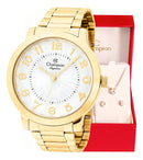 Relógio Feminino Champion Analógico CN25118W Dourado Fundo Branco Pulseira em Aço Inoxidável + Kit Colar e Brincos