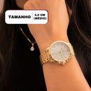 Relógio Feminino Champion Analógico CN25118W Dourado Fundo Branco Pulseira em Aço Inoxidável + Kit Colar e Brincos
