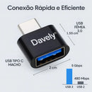 Adaptador OTG USB Tipo C para USB Fêmea 3.0 Davely Preto Compatível com Celular Notebook Tablet Pendrive Teclado Mouse Carregador