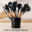 Jogo 12 Utensílios De Cozinha Em Silicone Preto Com Colheres Espátulas Resistentes Ao Calor Antiaderente Cabo Madeira Design Moderno Ponte Lar Utilidades