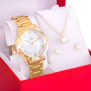 Relógio Feminino Champion Analógico CN25118W Dourado Fundo Branco Pulseira em Aço Inoxidável + Kit Colar e Brincos