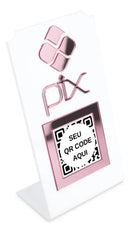Placa Pix Qr Code Display Para Pagamentos Acrílico Branco Cor Branco e Rosa Plaquinha Balcão Bancada Loja Comércio