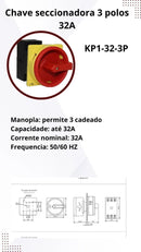 Chave Seccionadora 3 Pólos 32a - Kp1-32-3p - Metaltex cor Vermelho/ Amarelo