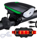 Kit Lanterna Farol Led Bike C/ Buzina Recarregáve Preto. verde