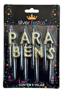 Vela de parabéns dourada letras metalizadas aniversário 8un Silver Festas