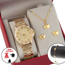 Kit Colar Pulseira E Brincos + Relógio Feminin Dourado-Dourado