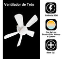 Ventilador de teto silencioso com 6 aspas, 3 velocidades, lâmpada LED, branco, 40W, Kaprot