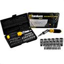 Jogo de Soquete e Bits 41 peças 1/4 com catraca reversível , aço carbono resistente, maleta compacta e catraca reversível. Ideal para profissionais e hobby, durável e versátil. Titanium Platina.
