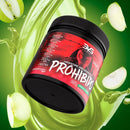 PRÉ TREINO PROHIBIDO 360g - Sabor: Green Apple - Fórmula Exclusiva com 8 ingredientes contendo Creatina, Beta Alanina, Taurina, Cafeína, Arginina, L-Tirosina, Palatinose e L-Alanina