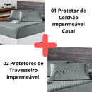 Kit Protetor Colchão Impermeável Casal +2 Capas Travesseiro Cor Cinza Desenho Do Tecido Liso